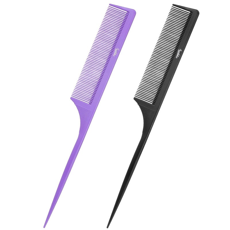 Kunihiko Rat Tail Comb2-in-1 Fine Tooth Parting Comb & Root Teasing Comb for Women - Carbon Fiber, Anti-Static, Purple & Black - Image 1